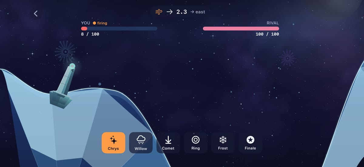 Skyburst gameplay showing two icy forts facing across a starry tactical arena.
